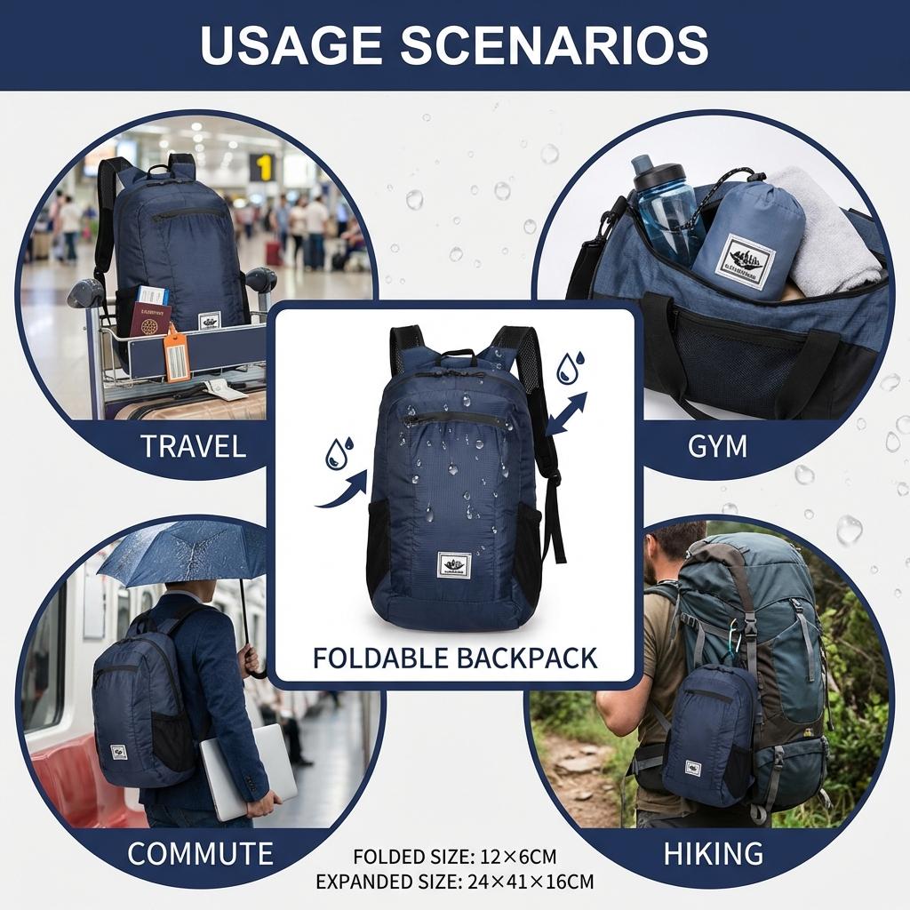 Foldable Waterproof Backpack Large Capacity Lightweight Travel Sports Bag for Hiking Commuting Gym Use