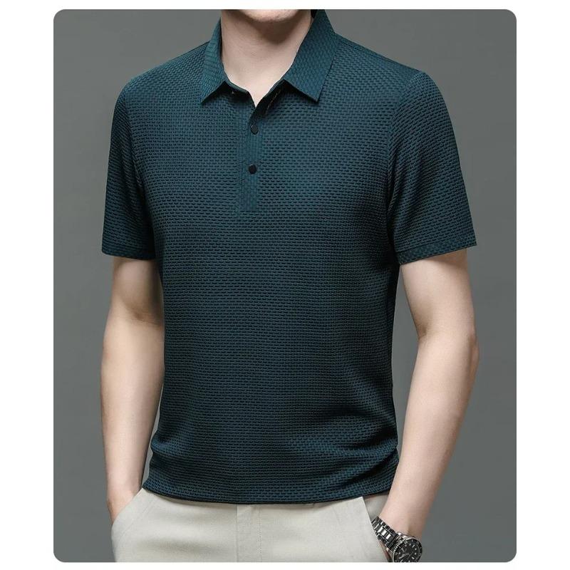 Camiseta Polo Masculina de Verão Lop-up Vazada de Manga Curta Seda Gelada Respirável Moda Business Camiseta Roupas de Marca Masculina