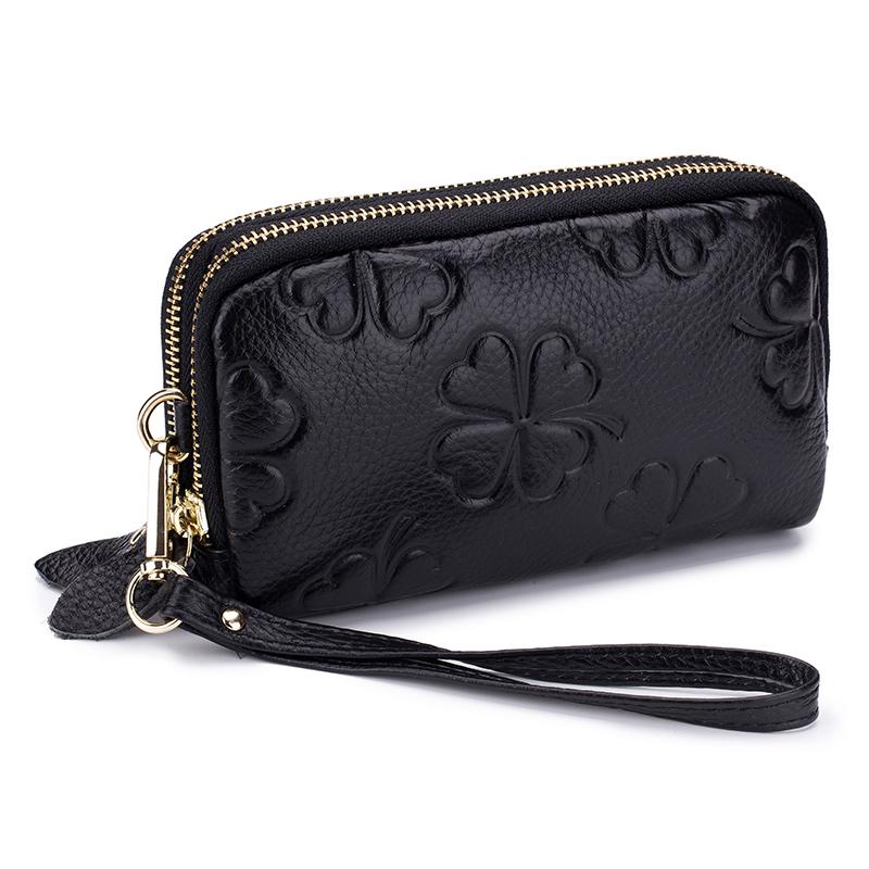 

Real Leather Women Long Wallet Ladies Double Zipper Coin Purse Four-Leaf Clover Card Holder Female Cute Money Bag Luxury Clutch