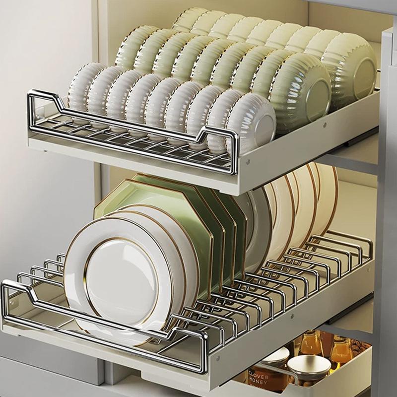 Stainless Steel Pull-Out Dish & Bowl Storage Rack for Kitchen Cabinets