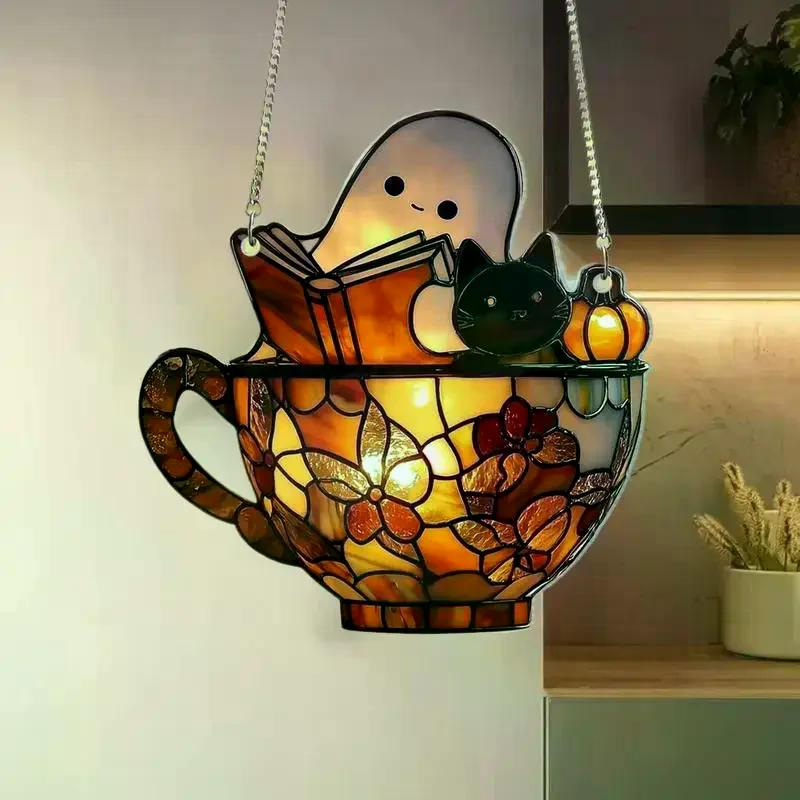 Colorful Shadow Window Suncatcher for Halloween Featuring Acrylic Ghost Reading Design