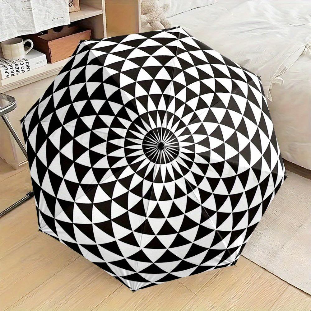 

Automatic Folding Umbrella The umbrella features a black and white geometric spiral pattern. Portable collapsible design, casu (as the picture,Iron&8K)