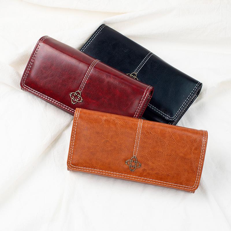 Damen Lange Retro Ölwachsleder Clutch Geldbörse mit Mehrfachkartenfächern und Münzfach