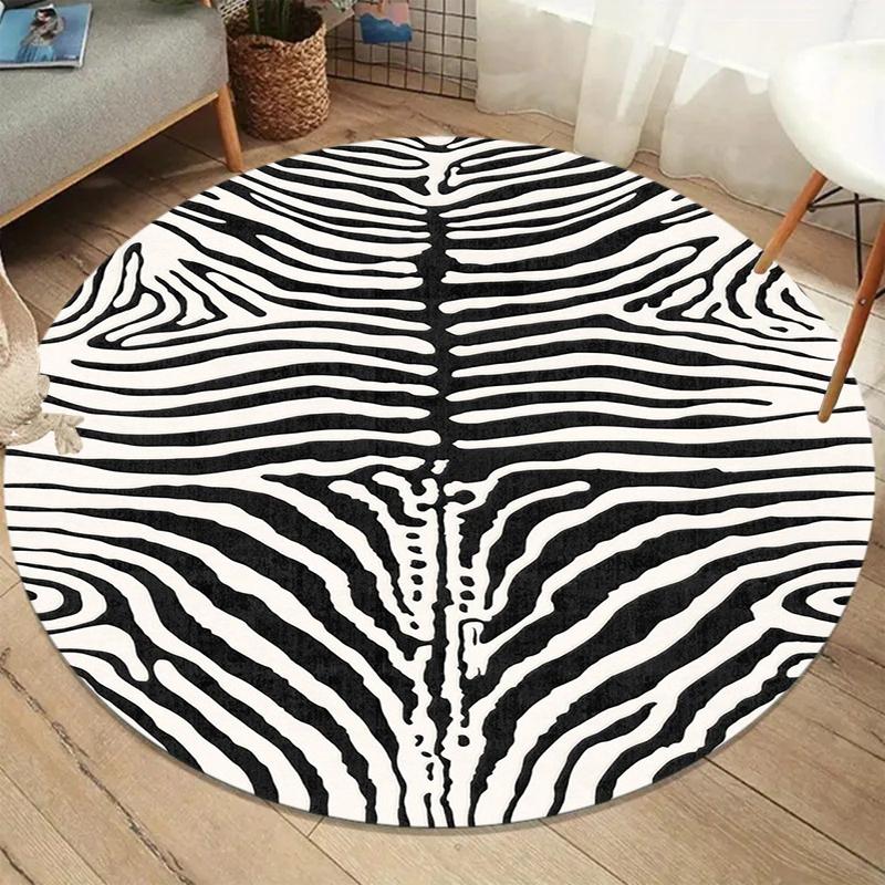 Zebra Print Round Carpet Symmetrical Black White Pattern Rug for Living Room Bedroom Non Slip Floor Mat Contemporary Home Decor