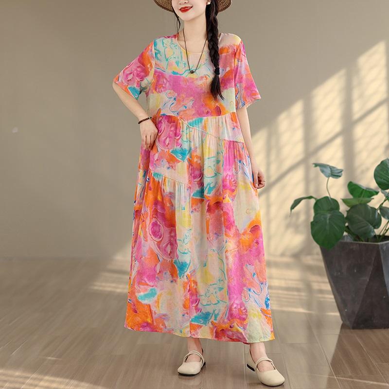 Kurzarm Plus Size Baumwolle Vintage Blumenmuster Neu in Kleidern für Damen lässig locker langes Sommerkleid