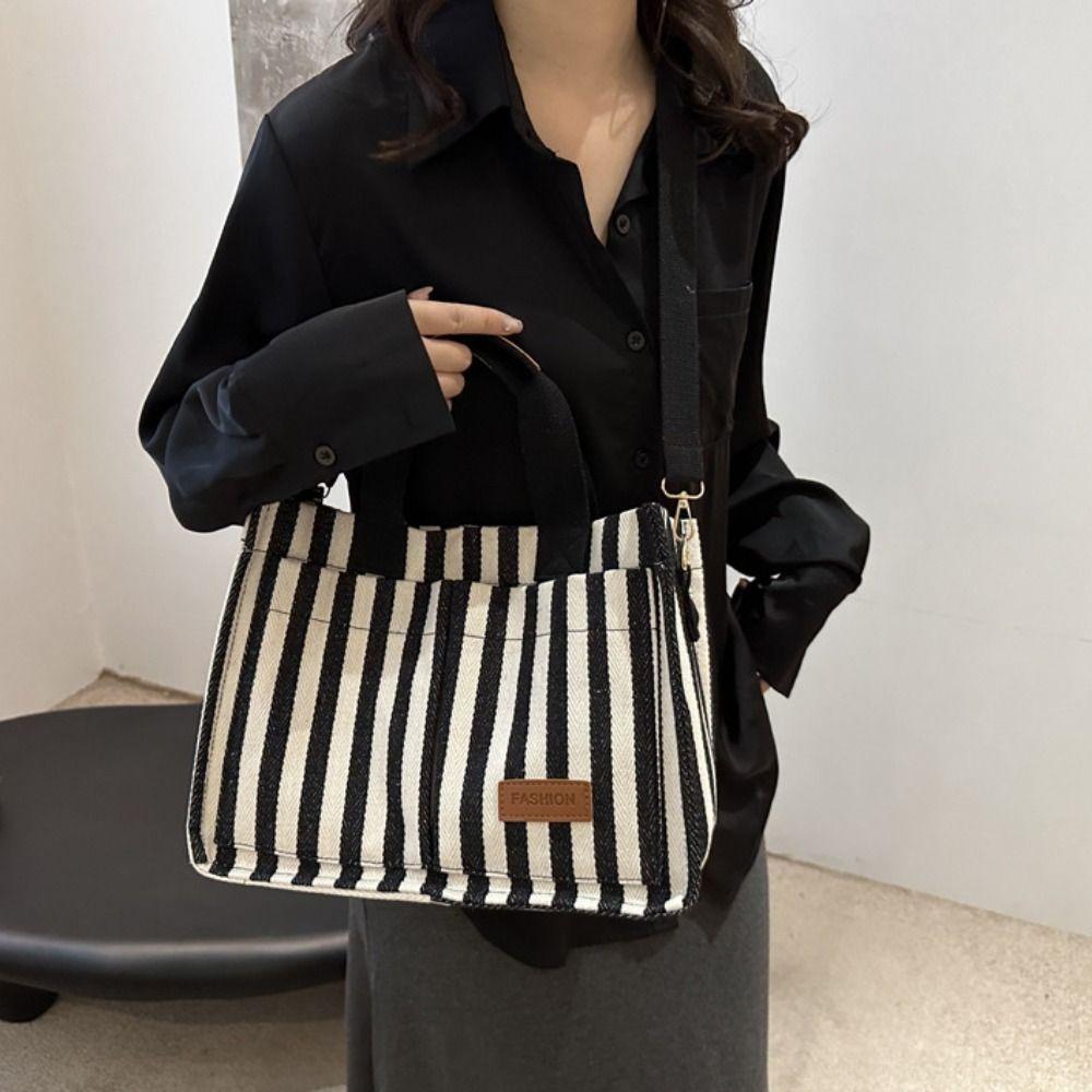 Large Capacity Shoulder Bag Simple Cloth Handbag Cute Stripe Canvas Tote Bag  Travel