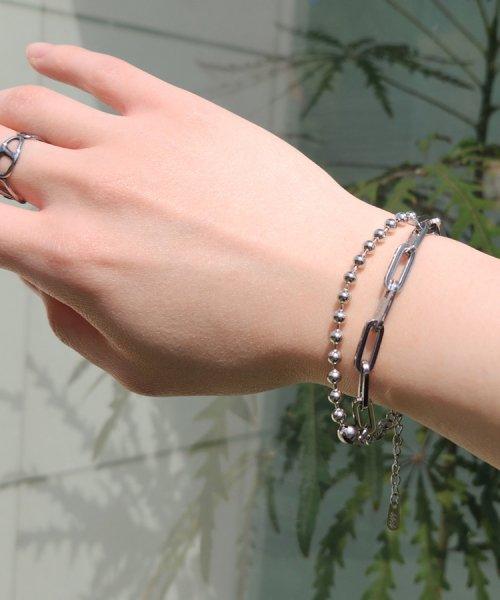 Acha Surgical Steel Clip & Ball Chain Layered Bracelet _ Silver