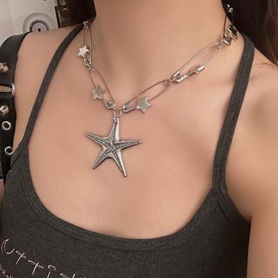 Vintage Star Pin Necklace Exaggerated Unique Creative Design Collarbone Chain Men's Women's Punk Jewelry Accessories Gifts