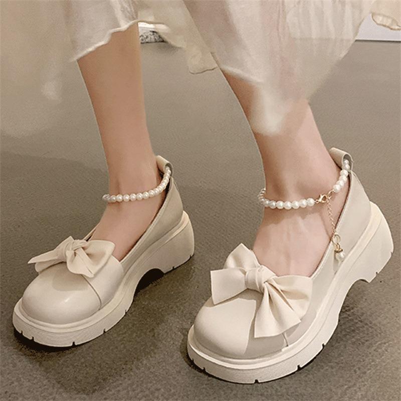 Mary Jane Shoes Women's Spring and Summer New Thick Heel Small Leather Shoes Pearl Bow Girl Single Shoes