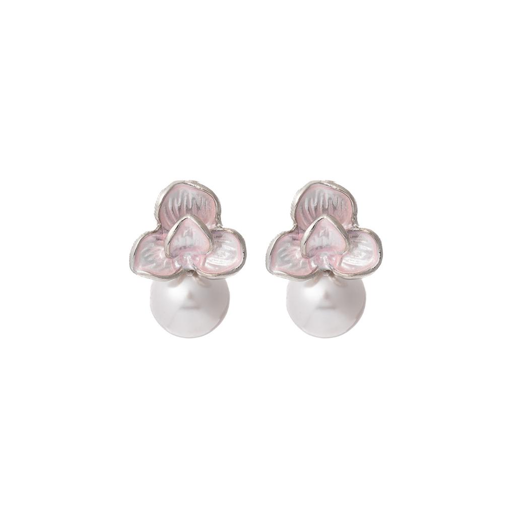 High-End Flower Stud Earrings, Light Luxury Super Fairy Exquisite Pearl Earrings, Fashionable Oil-Dripping Petal Earrings.