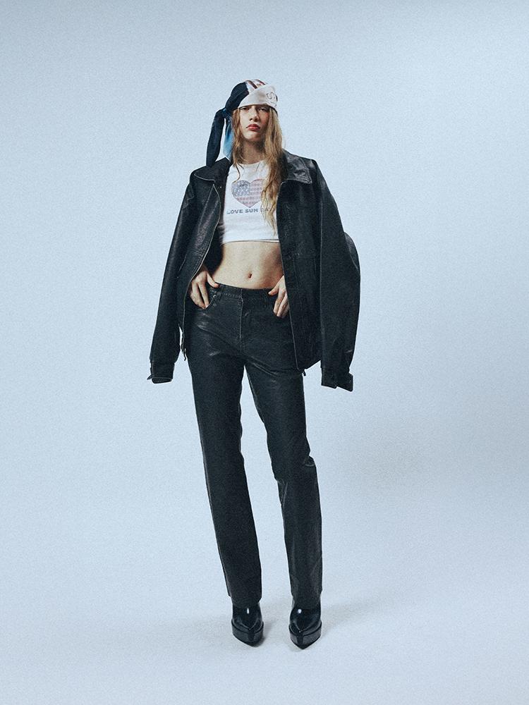 SUNDAY FRUIT MARKET W) Vintage Leather Flare Pant Black