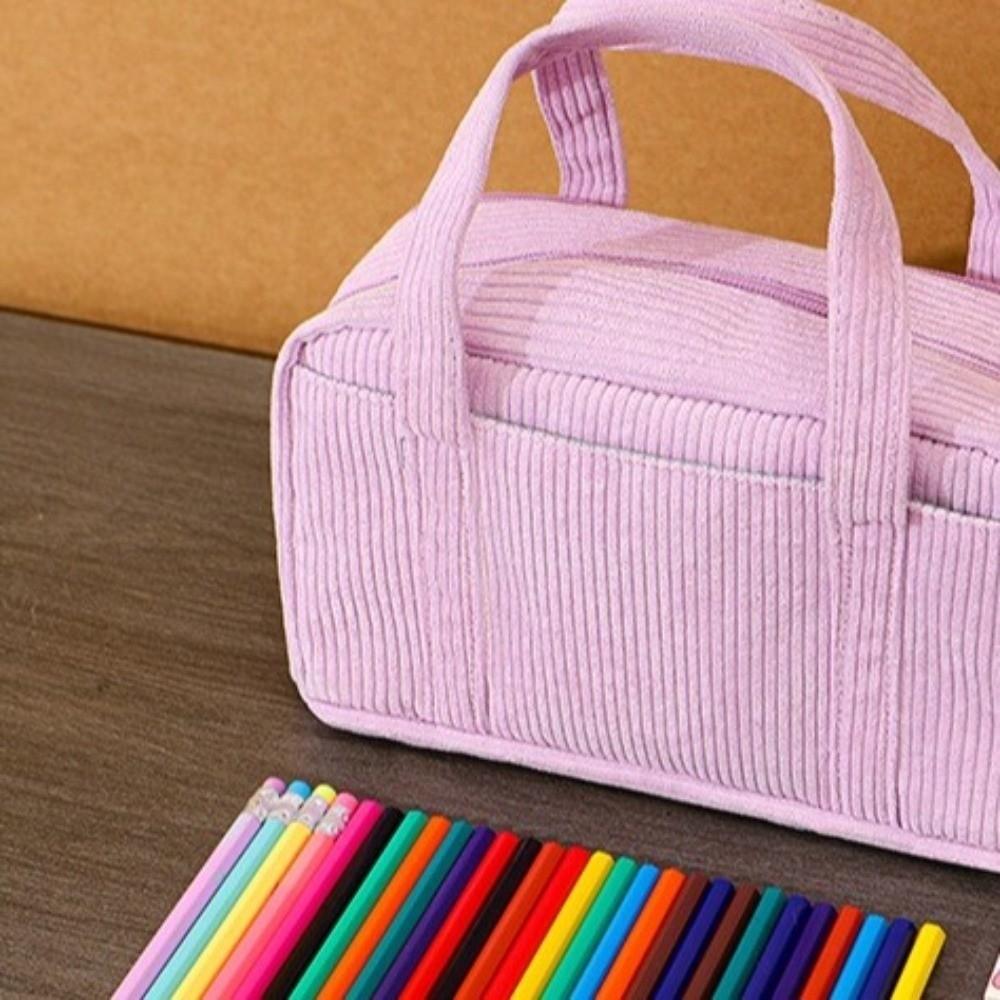 Corduroy Material Pencil Box Large Capacity Minimalist Design Storage Bag Portable Solid Color Stationery Organizer