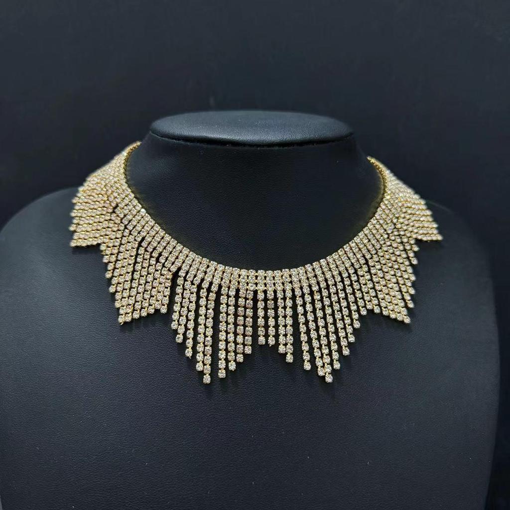 Elegant Rhinestone Tassel Choker Necklace: European-American Luxury Banquet Jewelry