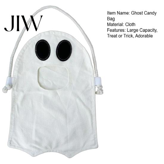 Kids Halloween Accessory Ghost Candy Bag for Kids, Cute Fabric Treat or Trick Lightweight Carrier Tote with Handle, Spooky Snack Goodie Bags