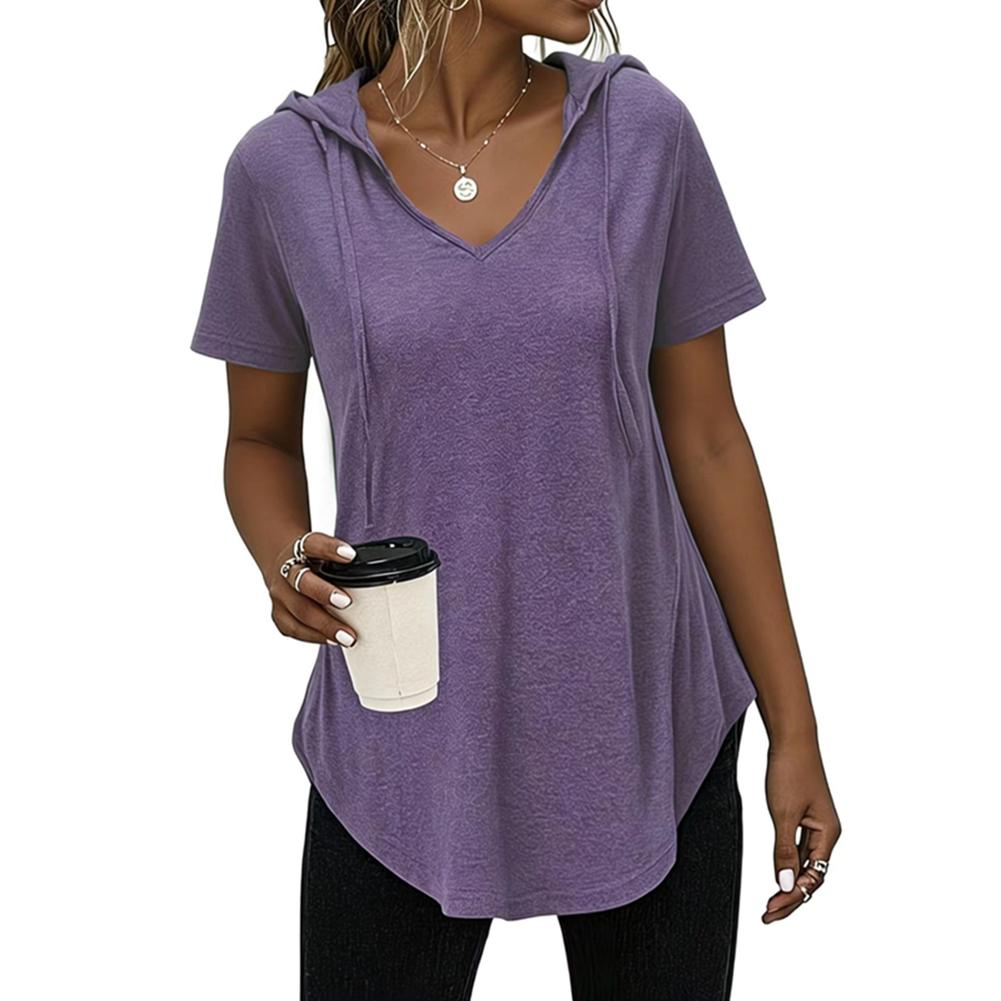 Women s Solid-Color Casual V-Neck Hooded T-Shirt XL