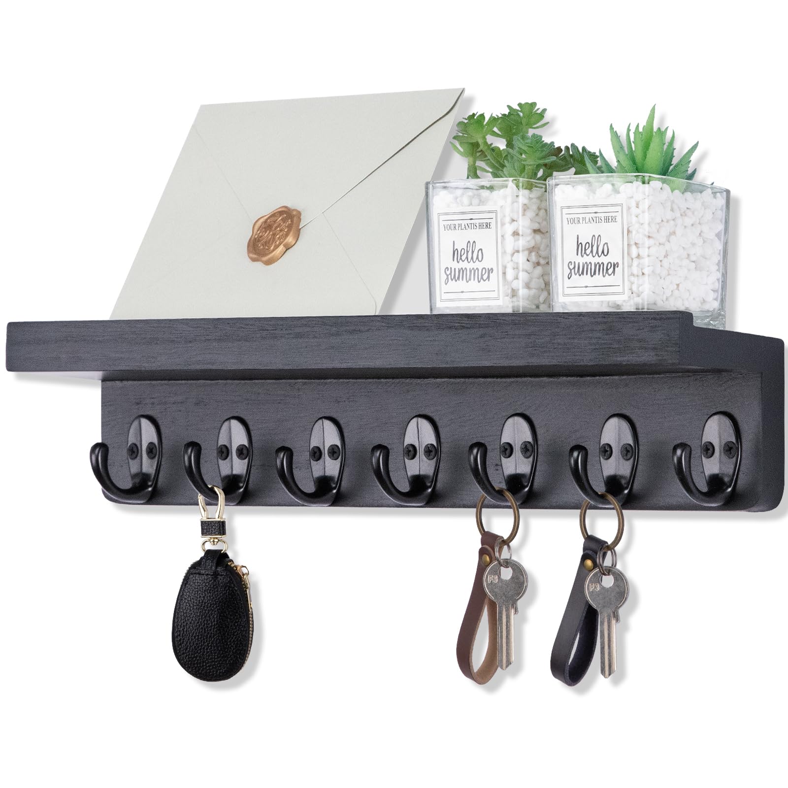 

Деревянный держатель для ключей в фермерском доме, настенный держатель для ключей и почты у входа с 7 прочными крючками для солнцезащитных очков, декоративный поводок для собак чёрный