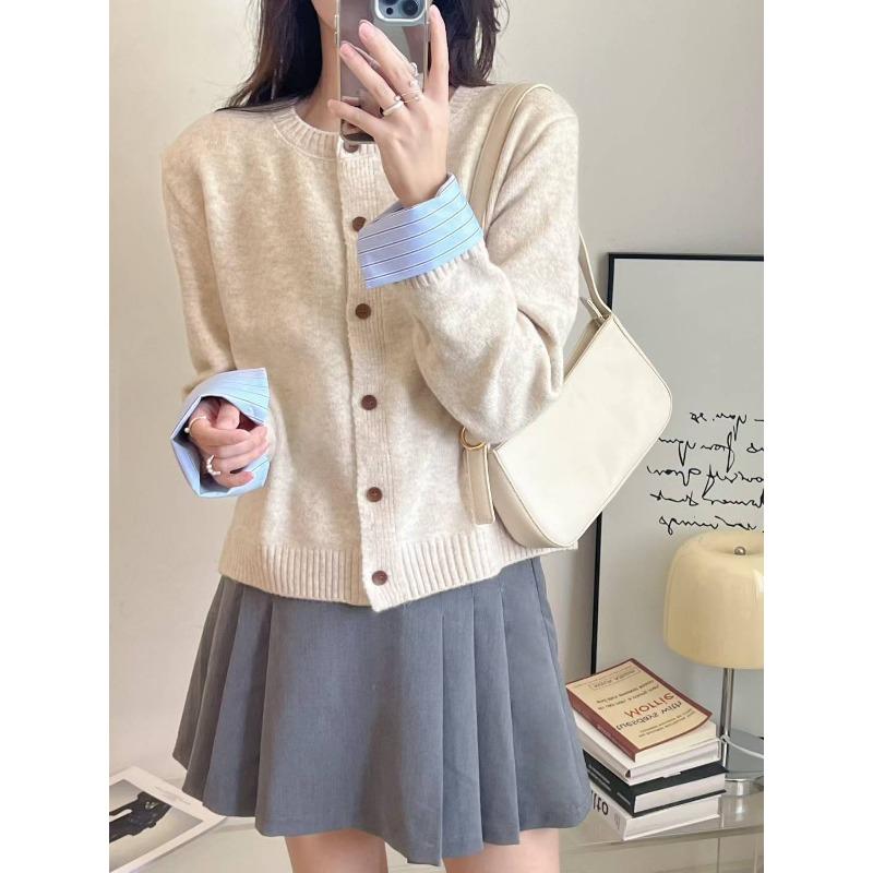 Autumn and Winter New Splicing Shirt Sleeves Knitted Cardigan Women's Loose Round Neck Versatile Temperament Sweater Jacket