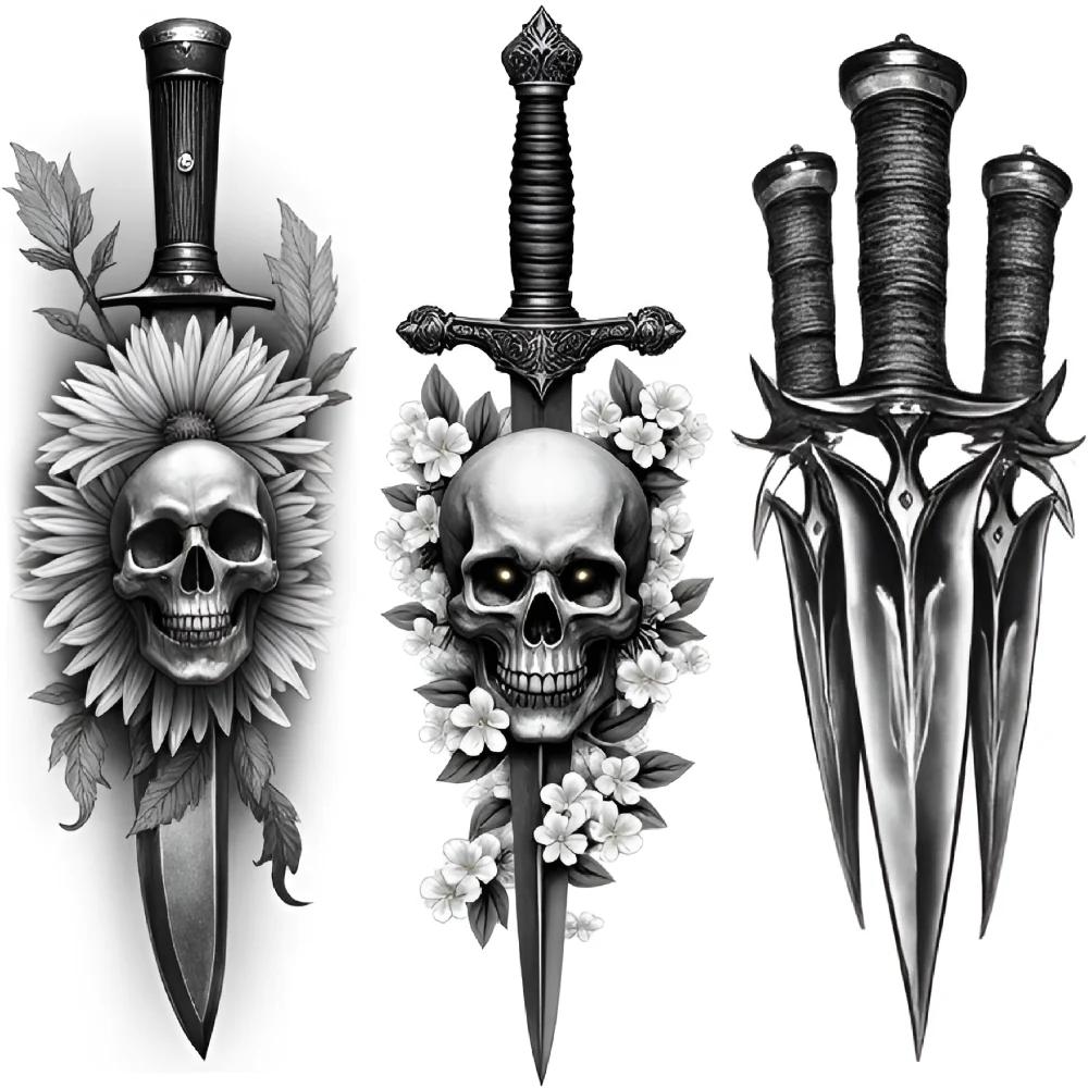 3pcs Temporary Tattoo Sword Tattoos Realistic Temporary Tattoos Skull Tattoos Waterproof Long-lasting Body Stickers For Women
