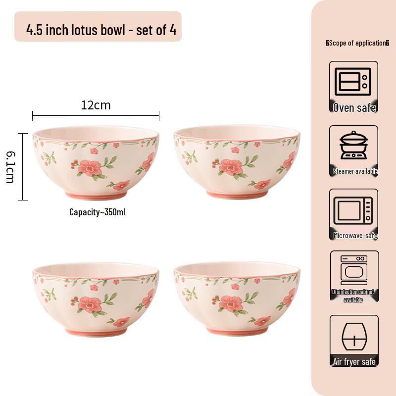 Lan Tuan European Bone China Red Glaze Peach Blossom Lotus Bowls (4-Pack)