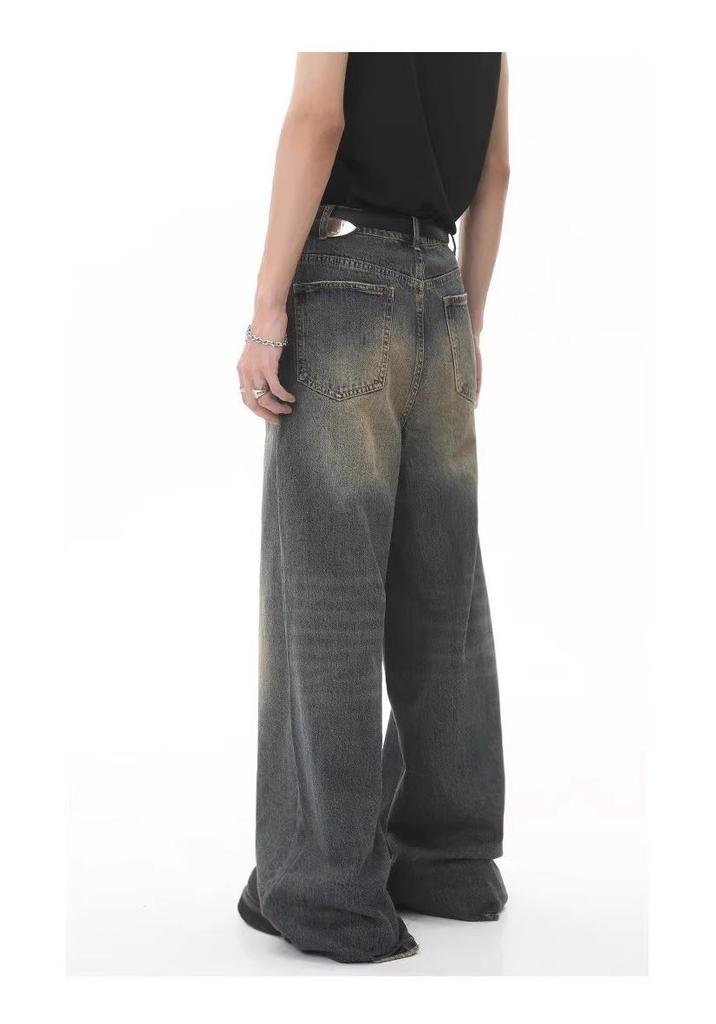 Men's Vintage Washed Wide-Leg Jeans: Retro Straight, Loose Drape, Floor-Length, Spring/Autumn 2025.