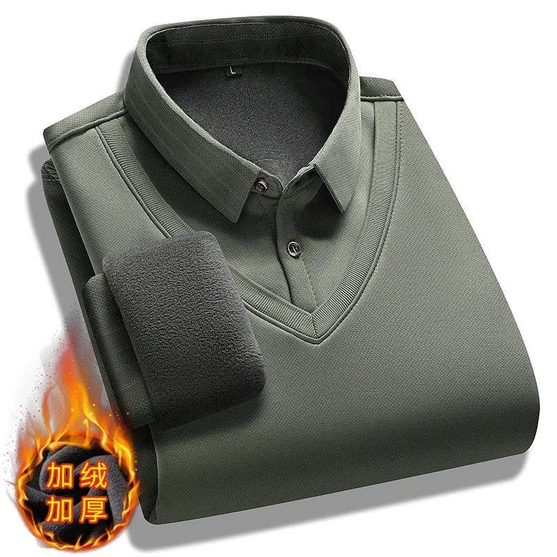 

Мужской пуловер вязаный свитер с имитацией двух частей 2025 Зимний теплый топ Утепленный флисом на бархатной подкладке Свитер с воротником-рубашкой Мужская одежда 4XL