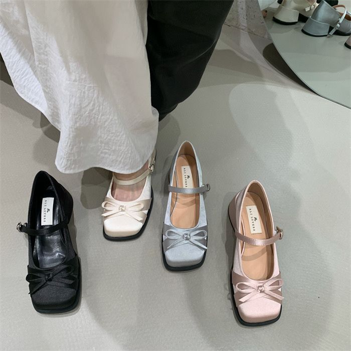Wow~ Beautiful! 2025 Spring and Autumn Sweet Bow Square Head Thick Heel Mary Jane Shoes Gentle Style Satin Single Shoes