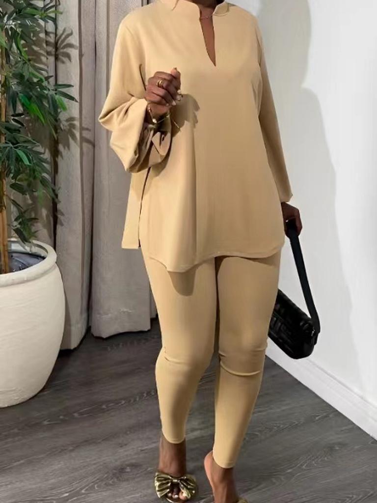 Knitted Set Trousers New Solid Color Multi-Color Pleated V-Neck Top Skinny Pants Fashion Temperament Two-Piece Outfit