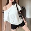 Women 2-in-1 One Shoulder Off Shoulder Short Sleeve T Shirt Summer Breathable Loose Casual Solid Layering Top