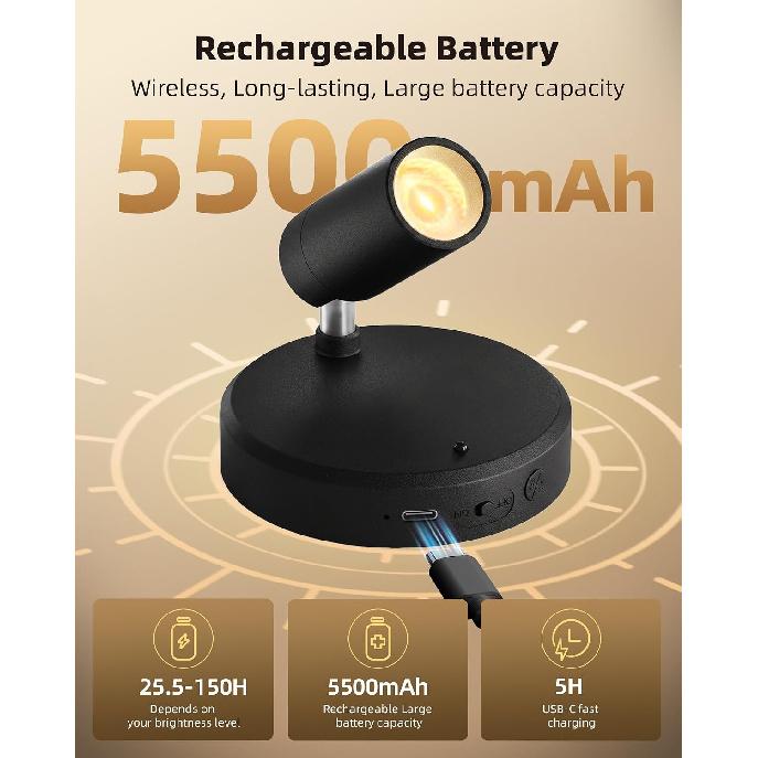 EZVALO Indoor Spotlights, Picture Lights for Wall, Uplights | 5500mAh Rechargeable Battery, with Remote, Mini, Wireless, Magnetic, Timer, 3 Color