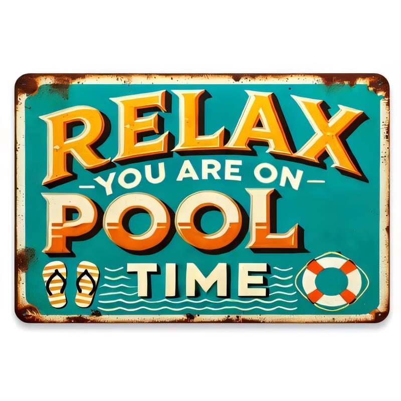 Tin Sign Relax You Are On Pool Time Funny Beach Party Metal Vintage Wall Decor X  Retro Home Bar Garage Cottage Cottagecore G