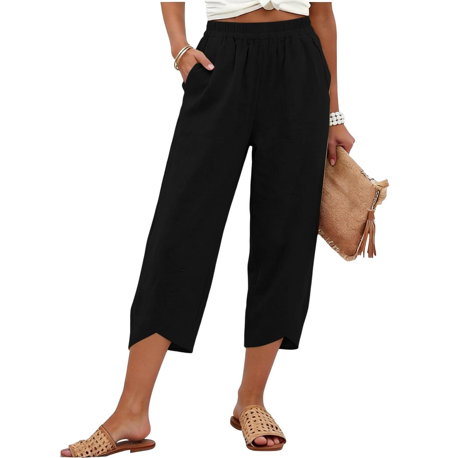 Women s Casual -Color Cotton-Linen Cropped Trousers With Crossed Cuffs XL чёрный