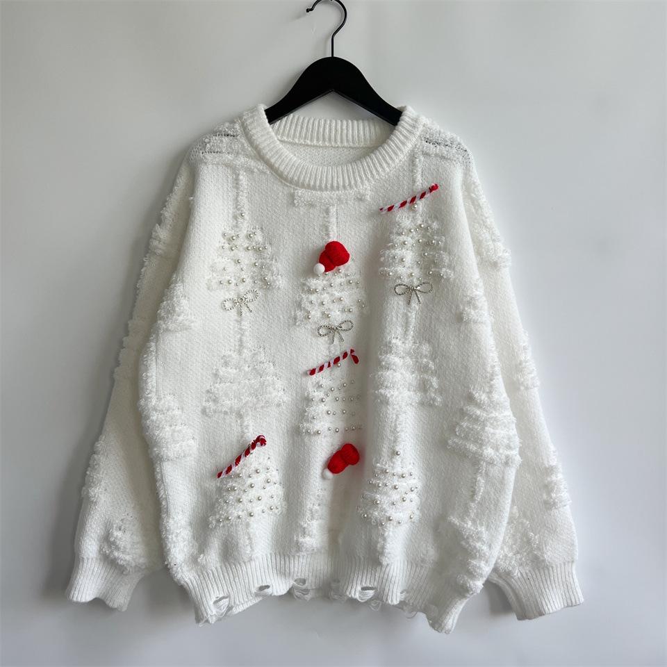 Handmade pearl Christmas theme sweater 3D decoration New Year holiday sweater pullover for women 3515 EMA