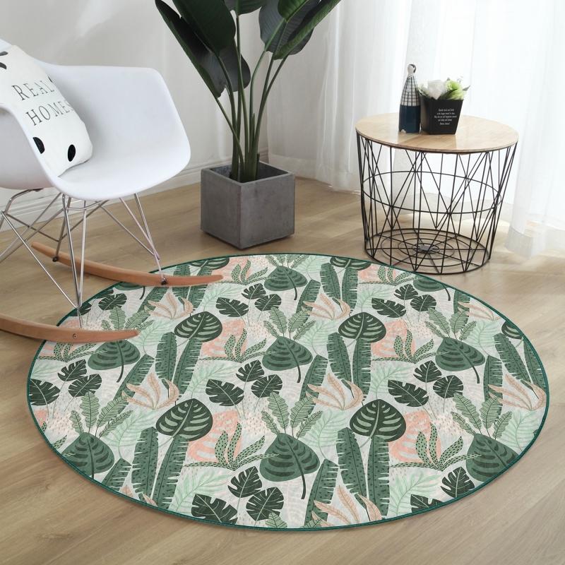 

Dark Leaf Pattern Digital Printed Modern Green Living Room and Living Room Round Carpet With Non-Slip Floor On Soft Color Floor