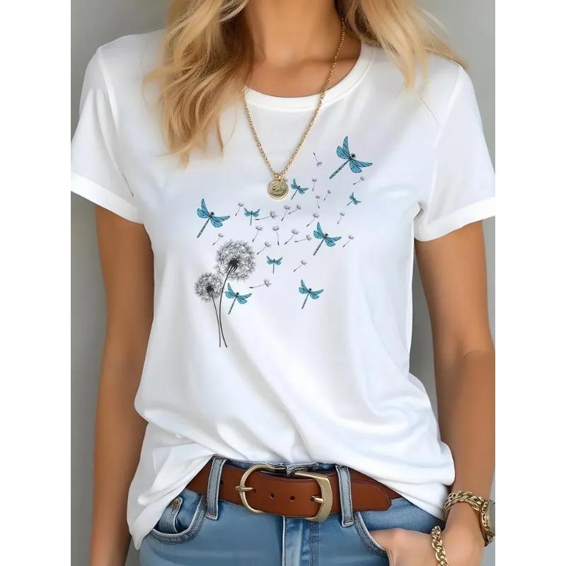 Summer Round Neck Flower Printed Top Fashionable Casual Short Sleeved Women's T-shirt