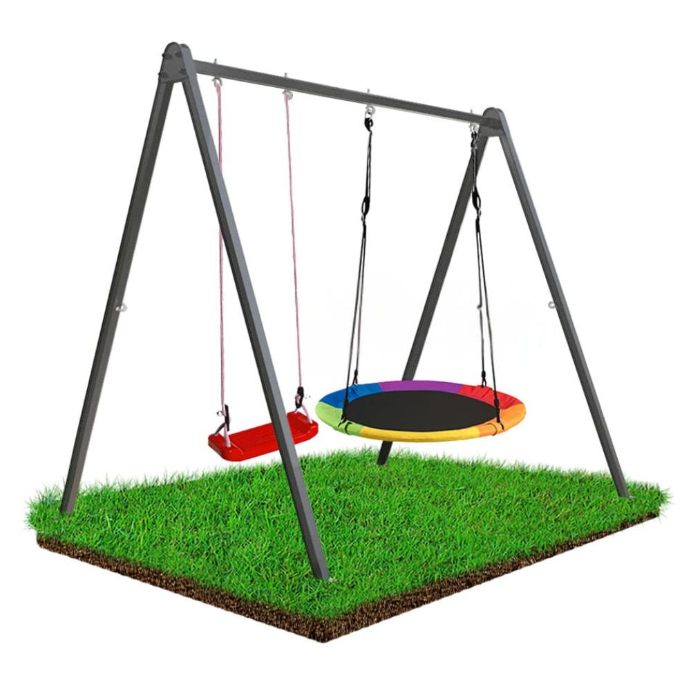 Frame for a garden swing, gray + colorful stork's nest + board
