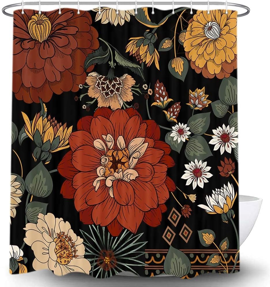Floral Botanical Shower Curtain, Abstract Mid Century Morden Boho Bohemian Flowers Tropical Leaves Bathroom Curtain, Waterproof