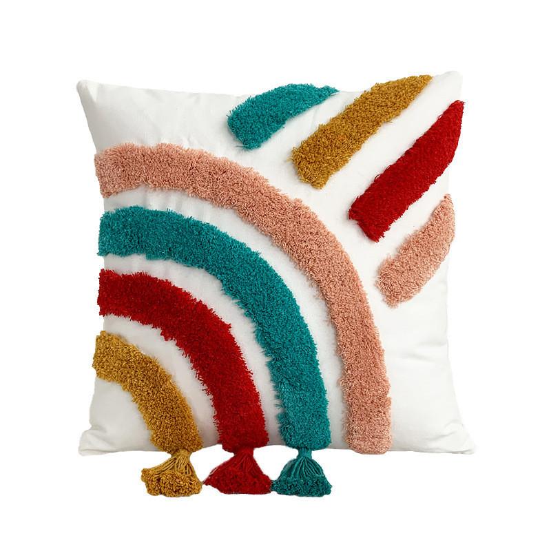 Bohemian Style Rainbow Pillow Cover Soft Cotton Linen With Tassels And Embroidery