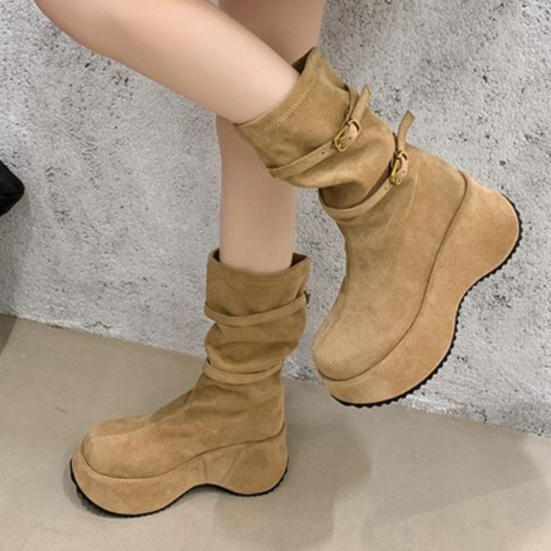 

Fashion Women s Platform Suede Mid Calf Boots 2025 Winter Fashion Shoes Designer Elegant New Long Boots Casual Cozy Zapatillas De Mujer 35 хаки