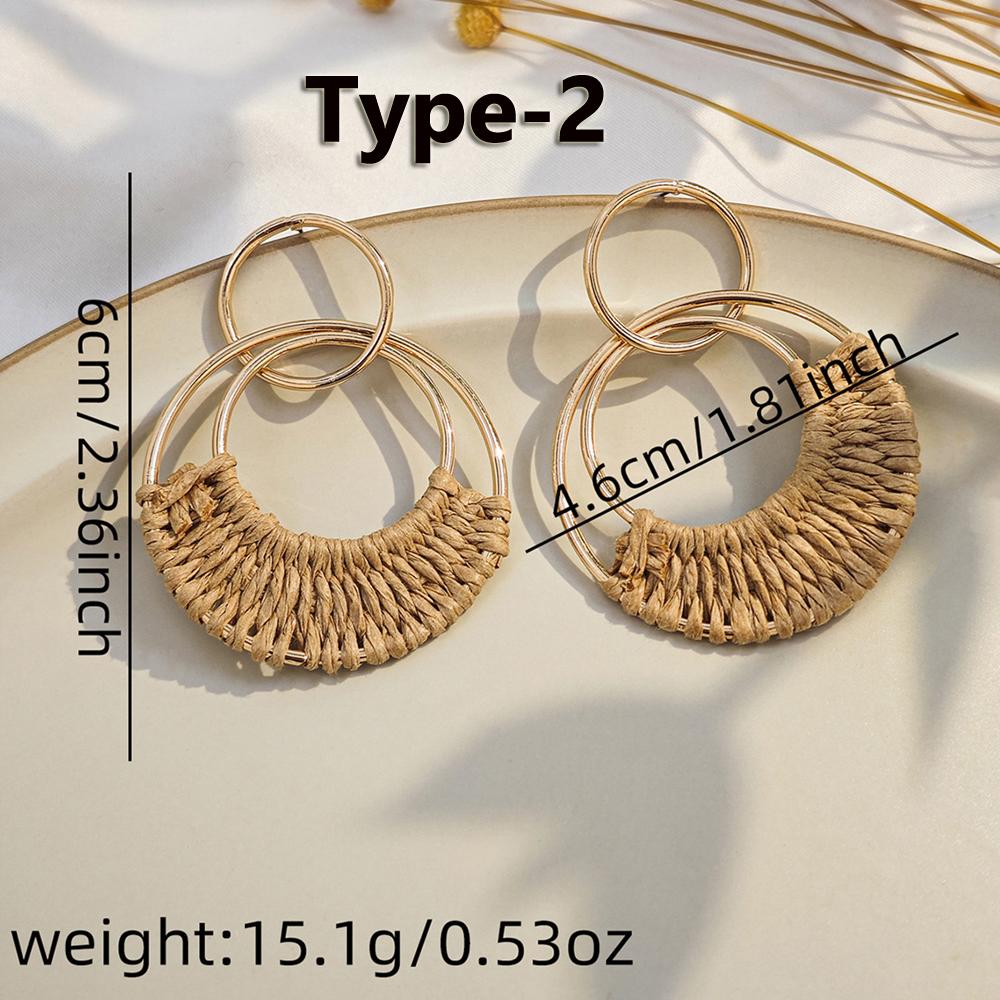 Bohemian Straw Hoop Earrings Natural Raffia Wicker Rattan Earrings for Women Summer Beach Party Festival Zircon