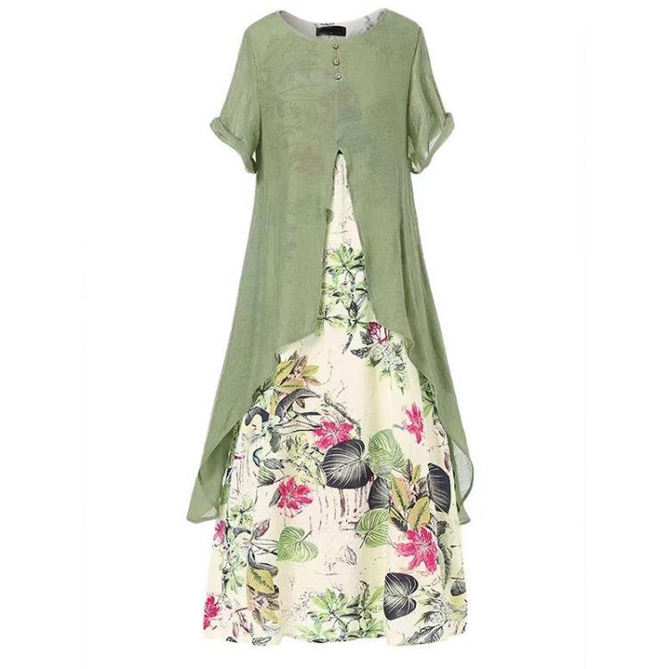Linen Dress Cotton Printed Round Neck Short Sleeved Skirt XXL зелёный