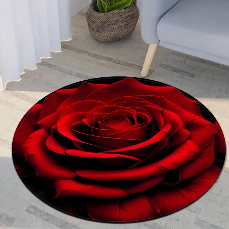 VIKAMA 1PC Round Rug With Red Rose Pattern Bedroom And Living Room Decorative Rug Home Decoration