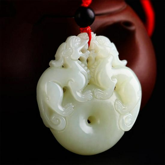 Hotan Jade Double-Sided Pixiu Unisex Cyan-White Jade Pendant