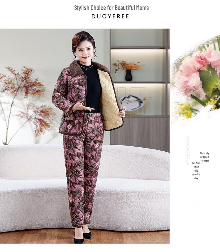Chic Winter Cotton Outfit: Velvet-Lined Jacket & Pants Set for Middle-Aged and Elderly Women