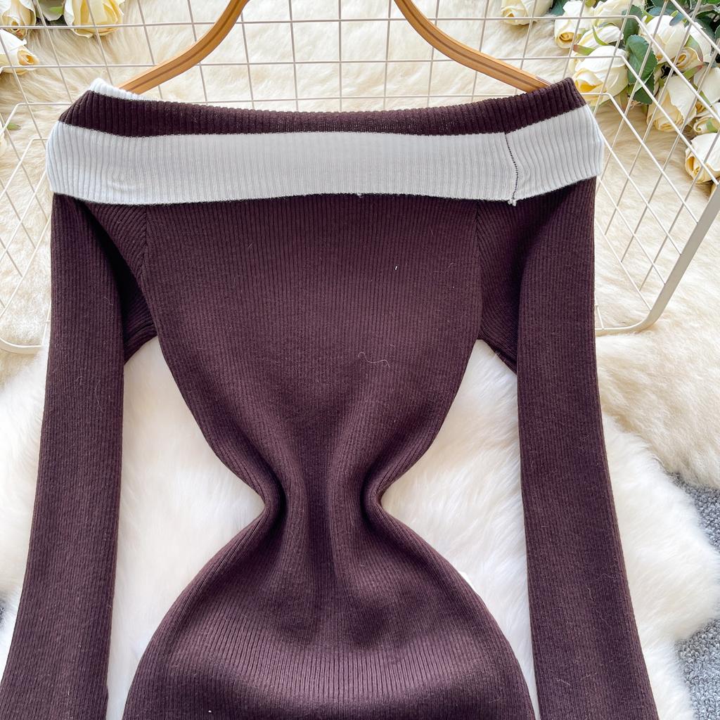 Kobiety Sukienka Bodycon z Odkrytymi Ramionami Jesień Długi Rękaw Metalowy Guzik Odzież Robocza Damska Dzianinowa Sukienka Mini w Bloki Kolorów Sexy