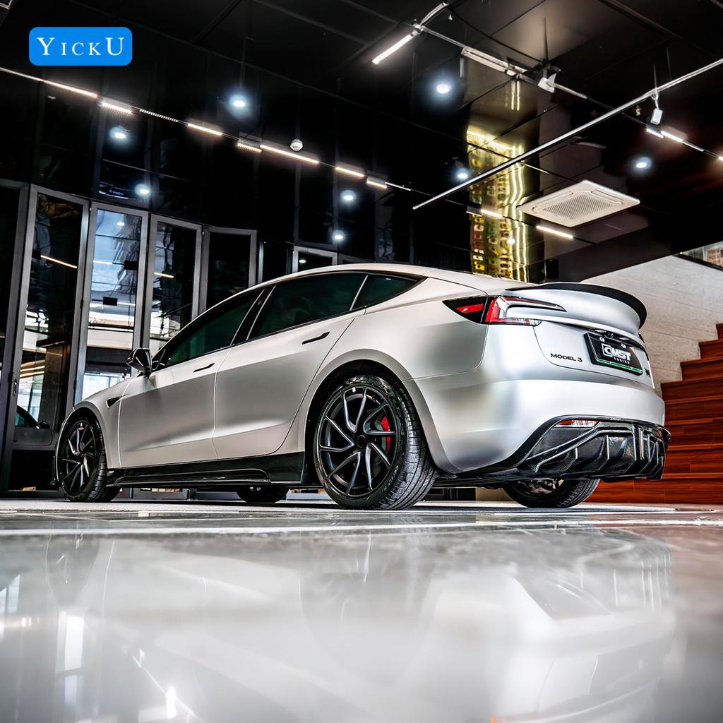 Upgrade your Tesla Model 3 P with CMST carbon fiber front lip with lights, rear lip, air intakes, and side skirts.