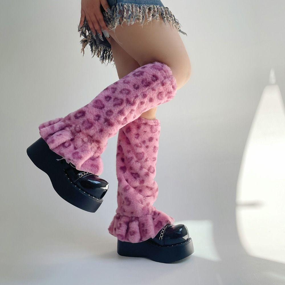 Y2K Furry Leg Warmers Leopard Print Plush Leg Coverings Vintage Winter Leg Warmers  Spicy Girls