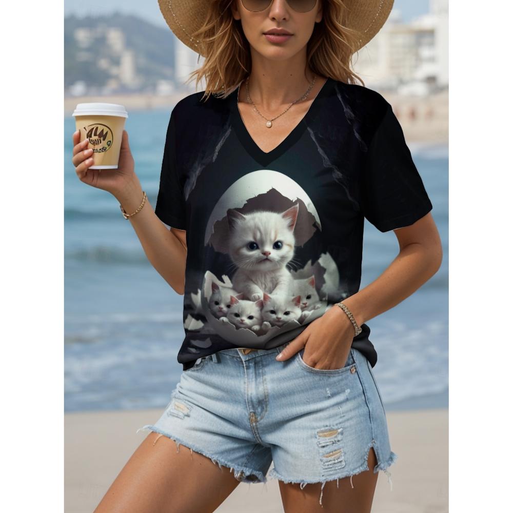 2026 Women's T-Shirt Kawaii Animal Graphic Fashion Short Sleeved V-Neck Regular Tops Daily Print Tee Summer Spring casual Tops
