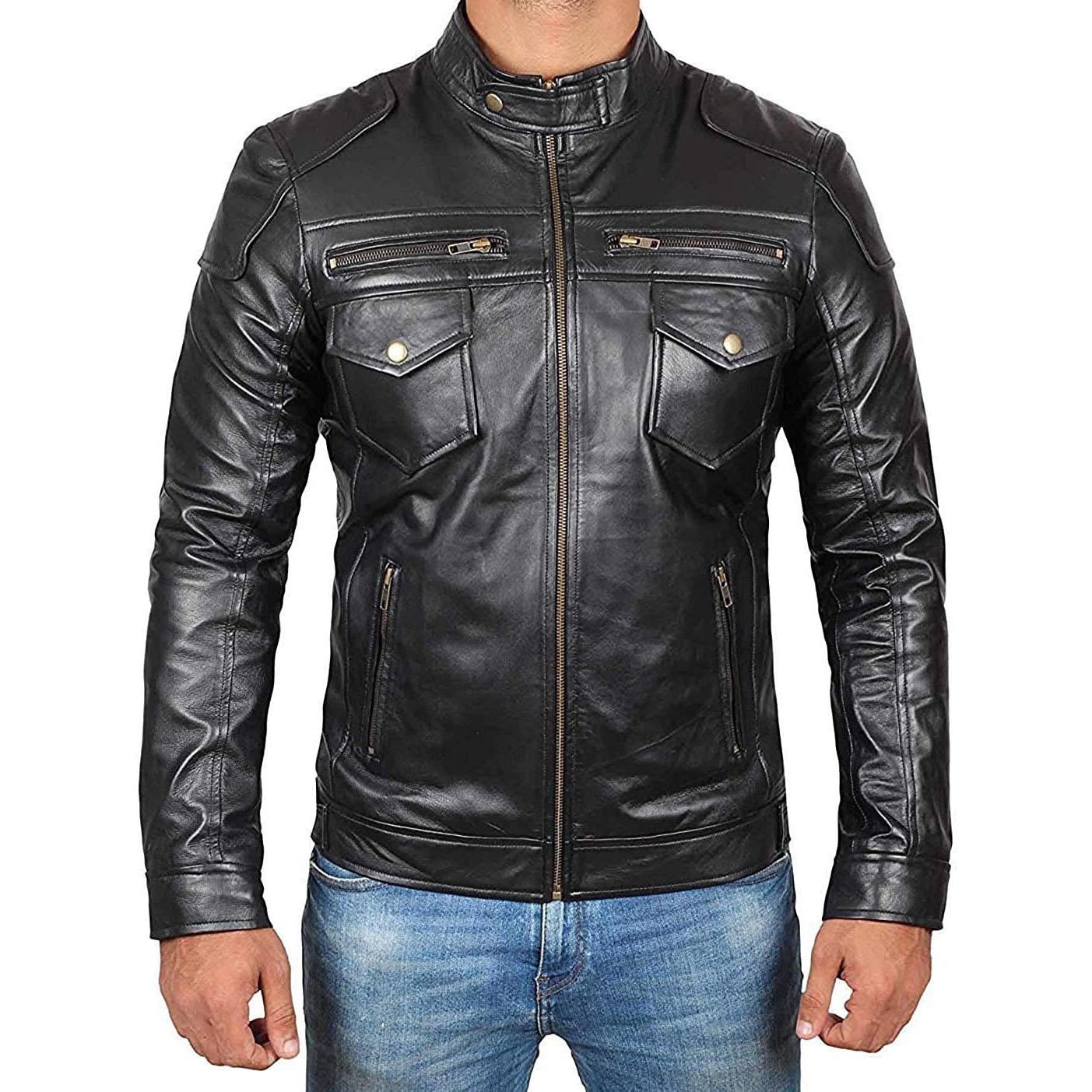 

SkinOutfit Men s Genuine Lambskin Black Leather Jacket Stylish Motorcycle Bomber Biker Outerwear MJ 210 XS чорний