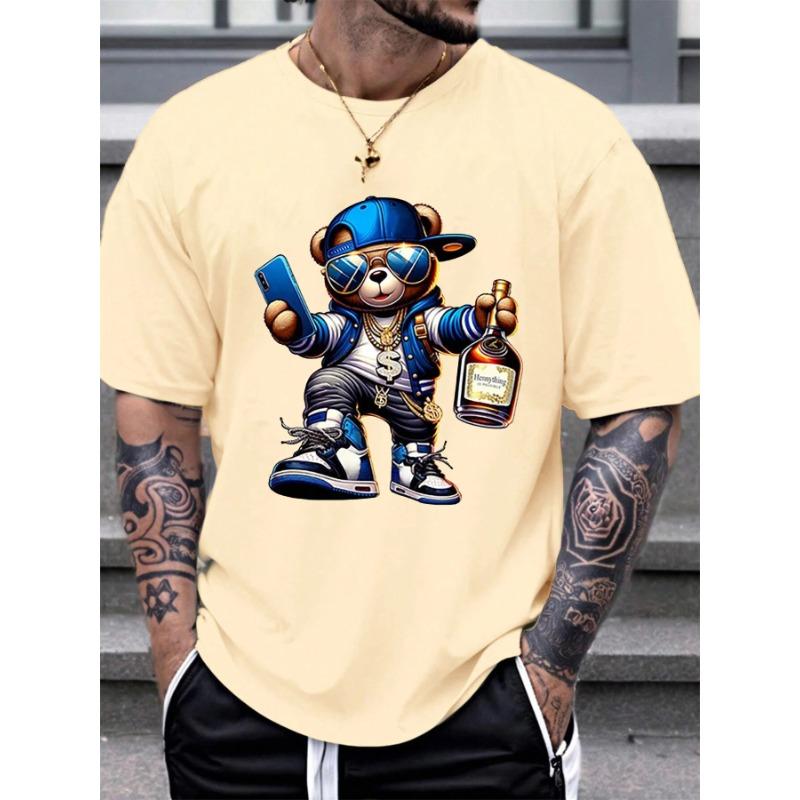 Men's Summer Fashionable Casual Loose Cartoon Bear Printed Sports Round Neck Short Sleeve T-shirt