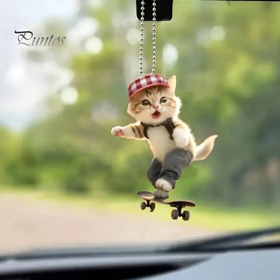 Adorable Cat Hanging Ornament Car Rearview Mirror Pendant with Lanyard Easy To Hang Animal Cat-Shaped Xmas Tree Pendant